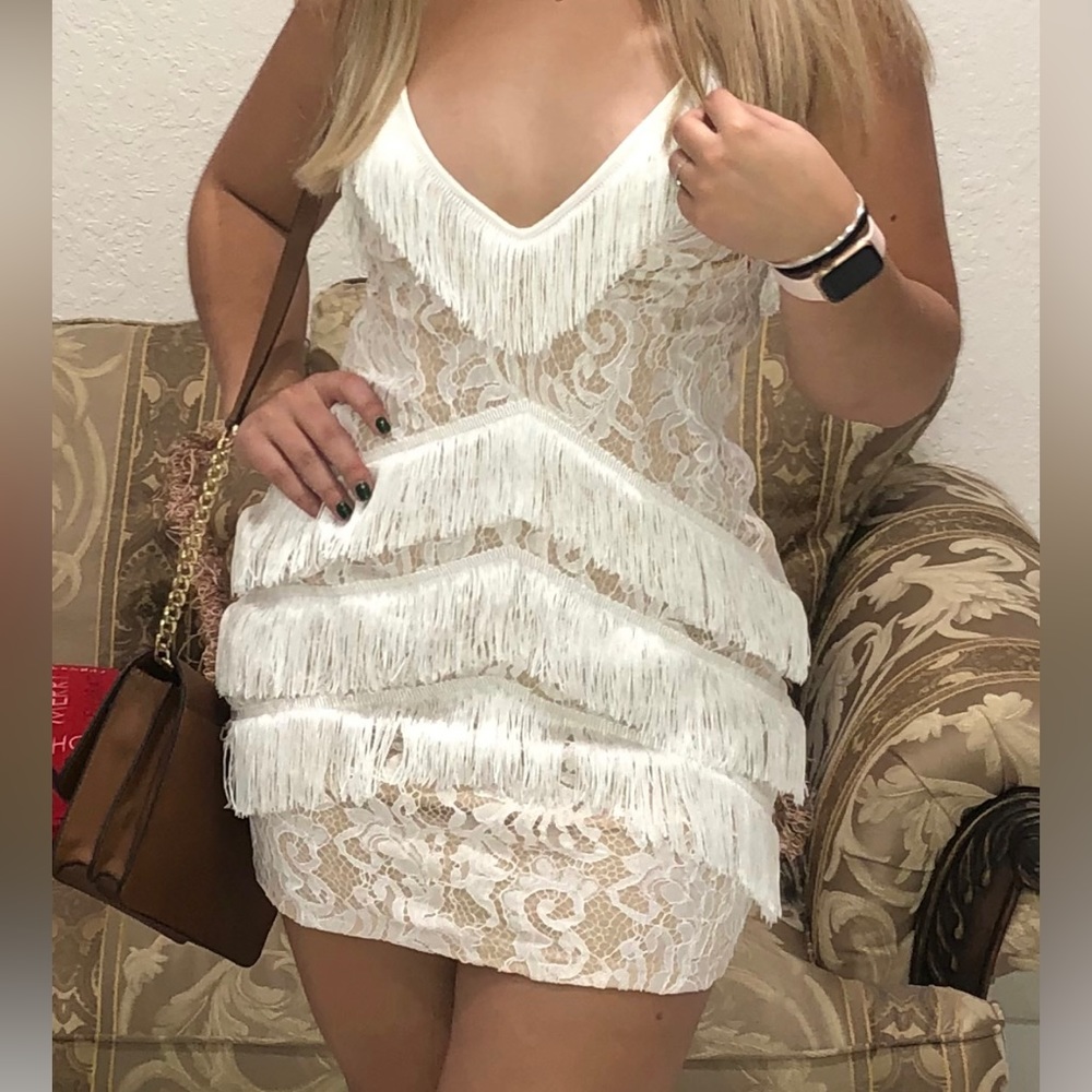 White Fringe Lace Dress